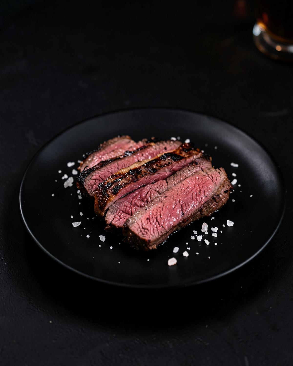 Steak tranché saignant, servi dans une assiette noire